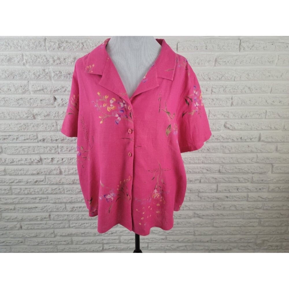 Maggie Barnes Silk Linen Floral Shirt 24P Plus Short Sleeve Collared PIN4E
